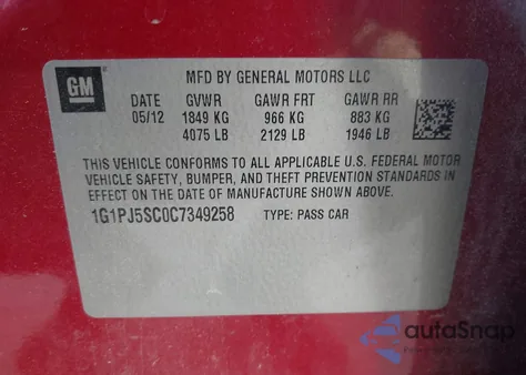 2012 Chevrolet Cruze Eco from USA, damaged, VIN 1G1PJ5SC0C7349258